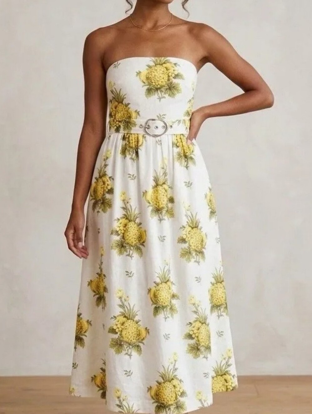 Tahari Linen Blend Pineapple Strapless Midi Dress